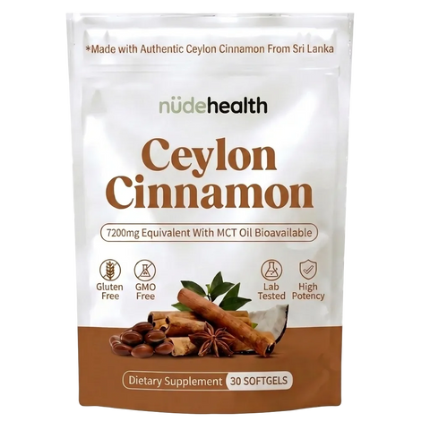 Package of nude health Ceylon Cinnamon dietary supplement on a white background
